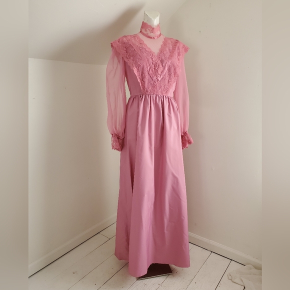 Vintage Dresses & Skirts - 70s Vintage Pink Formal Gown With Long Chiffon Sleeves